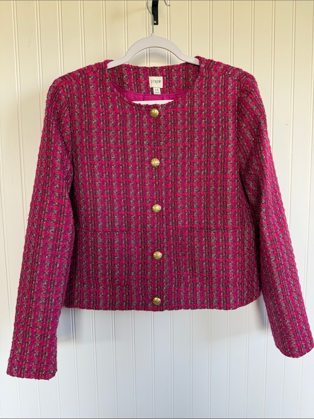 J.‎ Crew Pink/Plum Tweed Lady Jacket Size 14 Gold Buttons Preppy Cottagecore